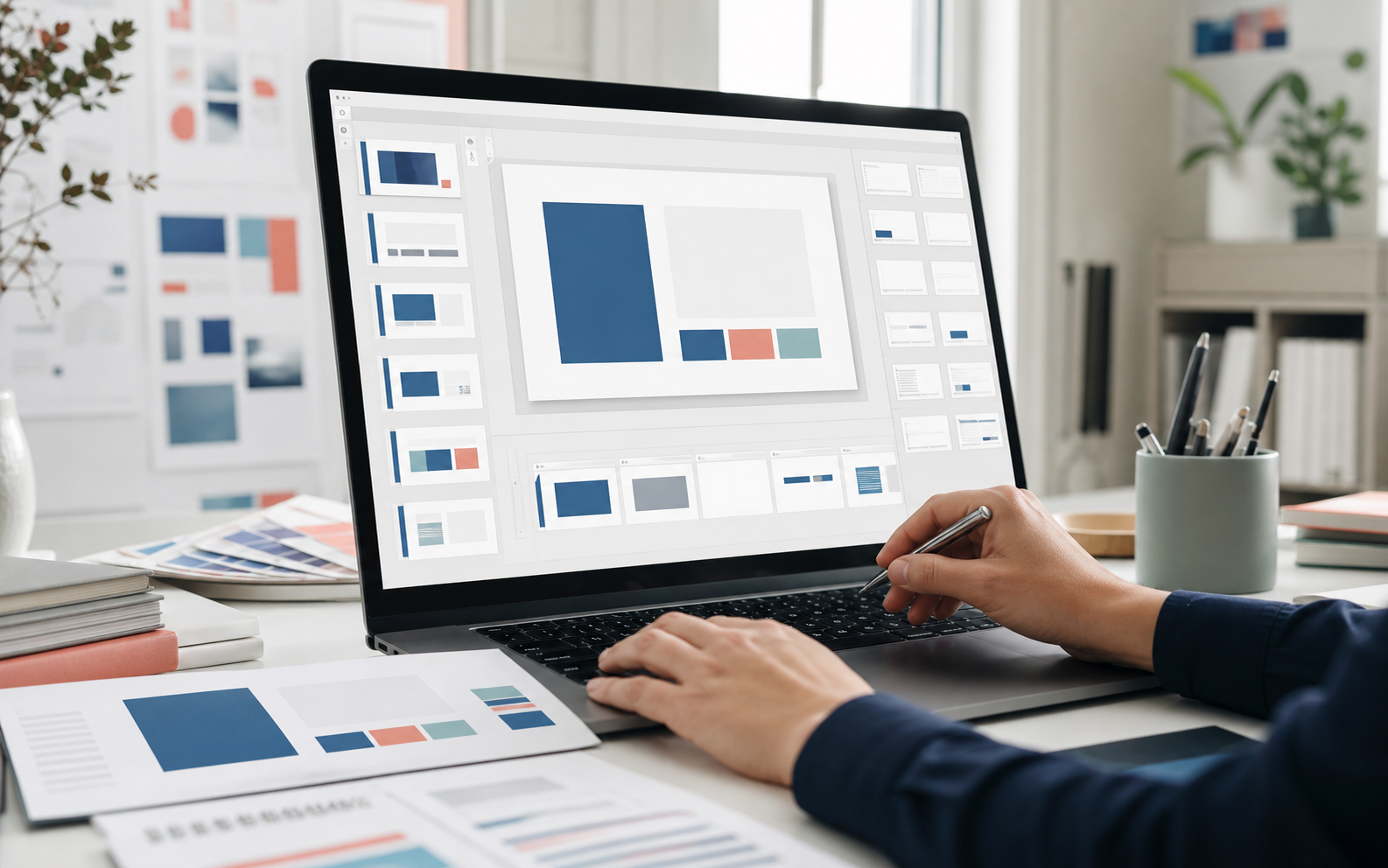 A presentation specialist preparing structured PowerPoint master layouts on a desktop workspace.